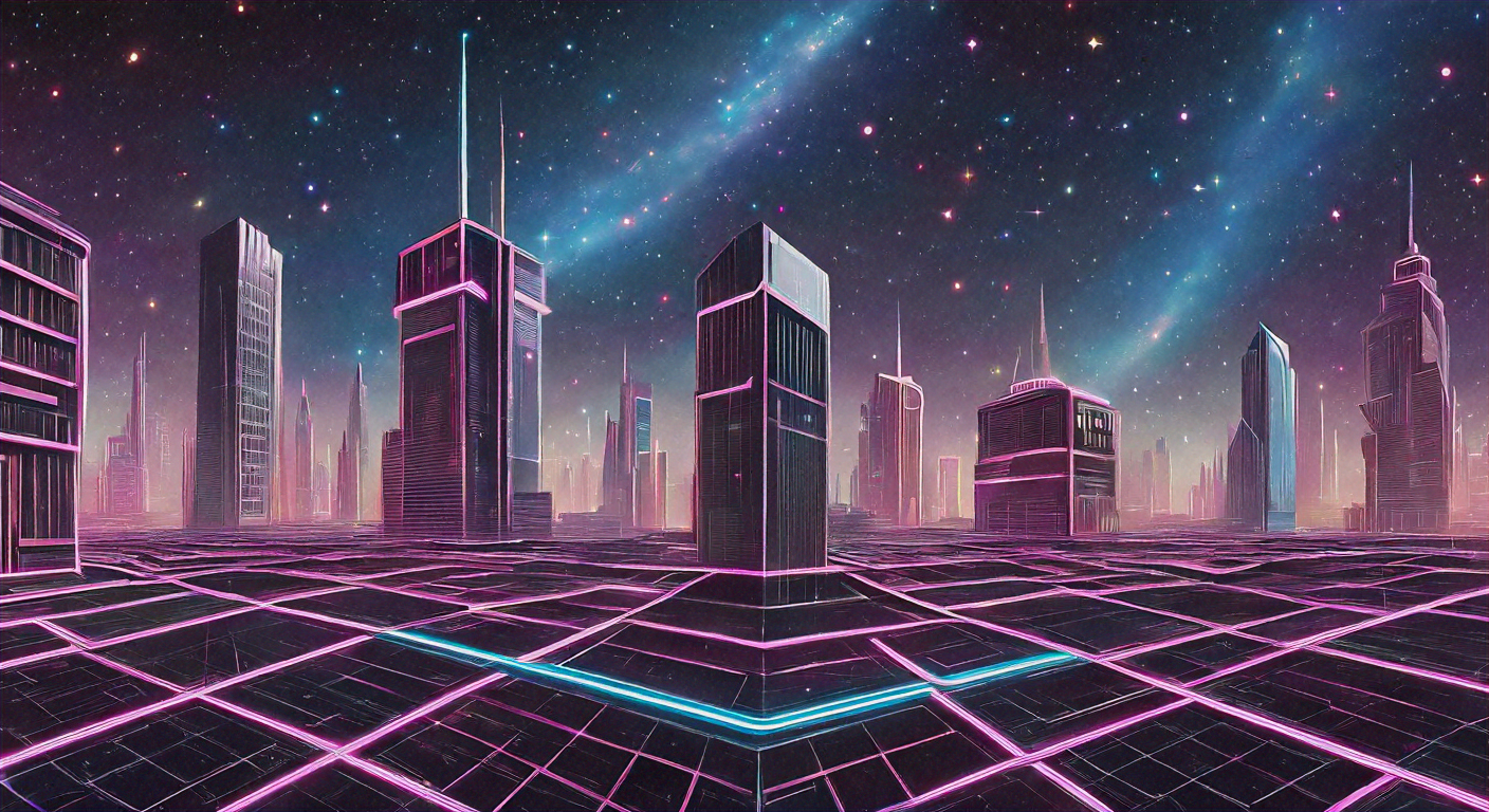 A high-tech cityscape bathed in neon lights, featuring sleek architecture and digital grids under a starry sky..png